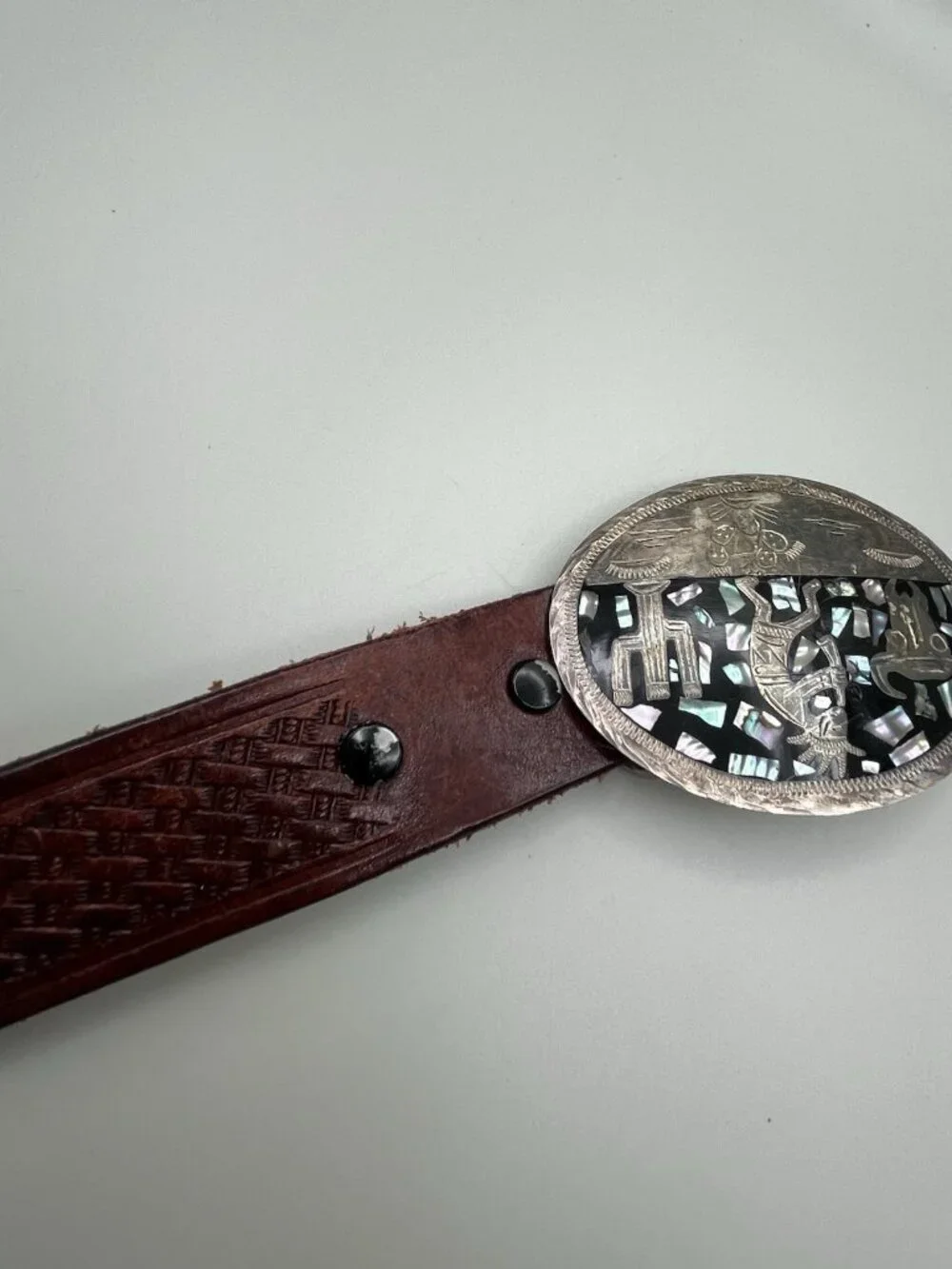 VTG Mexican Alpaca Silver Kokopelli Abalone Tooled Leather Belt Western 34”